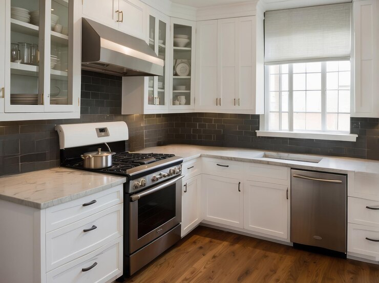Refacing vs. Refacing Laminate Cabinets to Upgrade Your Kitchen 2 modern kitchen with white cabinets stainless steel appliances dark gray tile backsplash 252051 14934