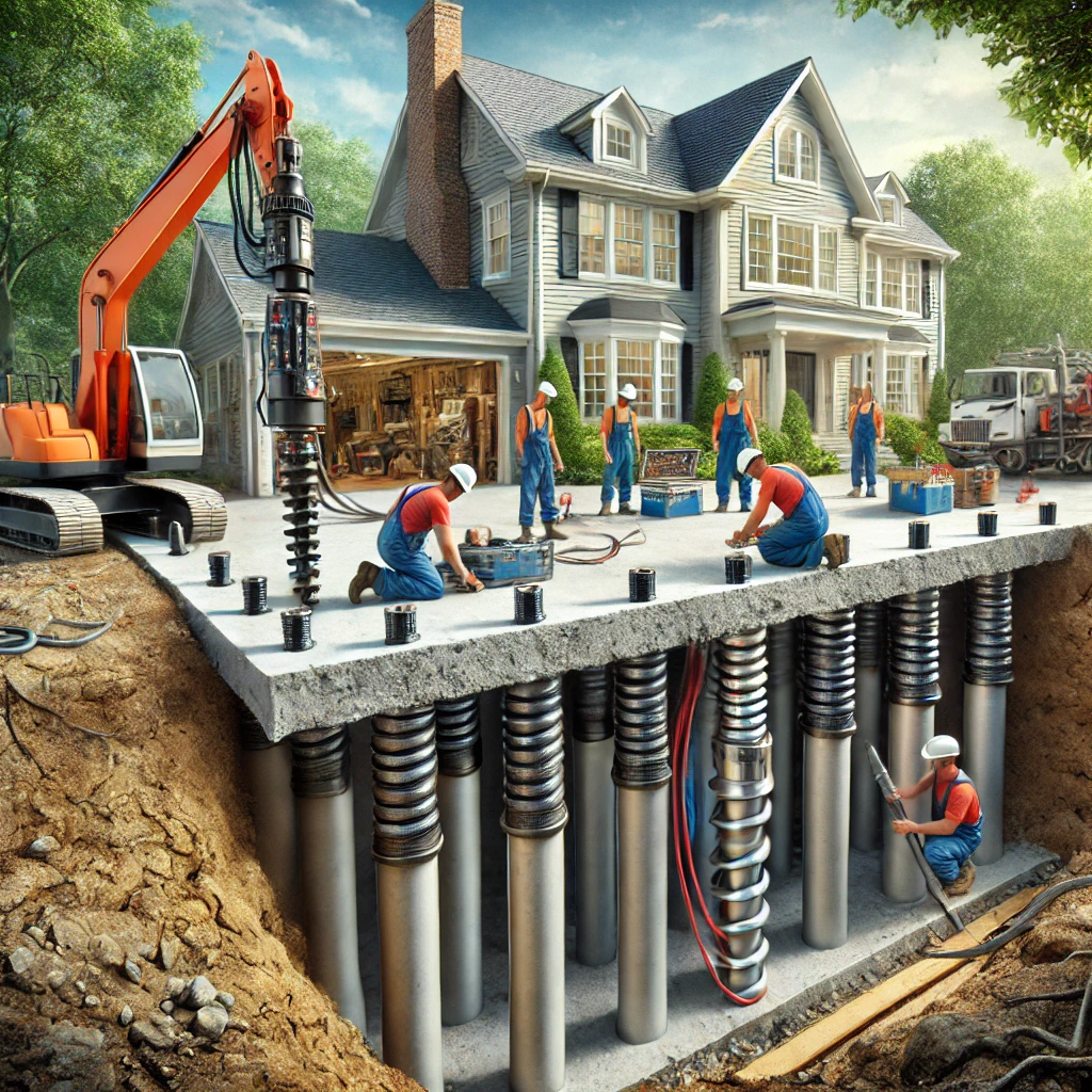 Best Foundation Structural Repair in Stamford, CT: Modern Techniques and Technologies 2 DALL·E 2024 10 11 22.35.35 A professional crew using modern foundation repair technologies like helical piers and polyurethane foam injection to stabilize the foundation of a ho 1